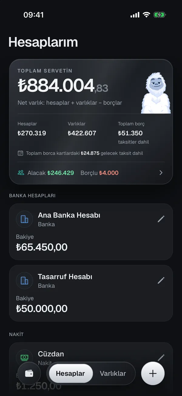 Hesaplarım ekranı: toplam servet, hesaplar ve borçlar